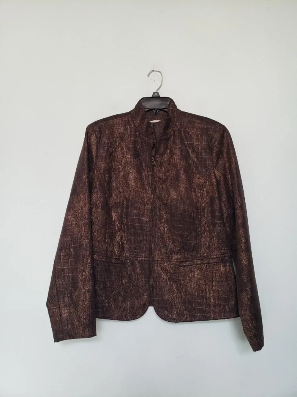 Erin London Womens M Jacket Full Zip Long Sleeve Brown Snakeskin Print Shimmer